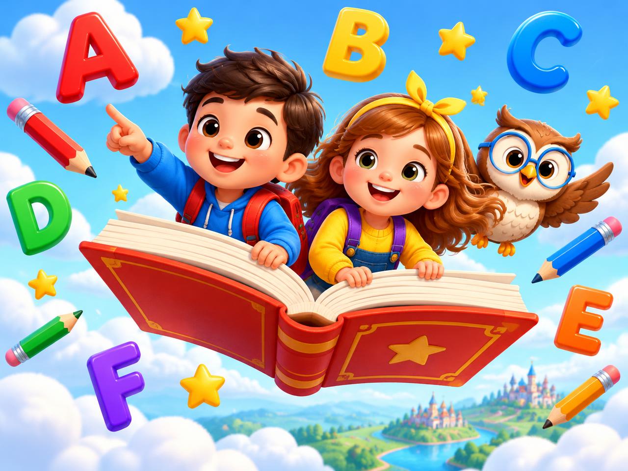 Two children flying on a giant book among colourful letters